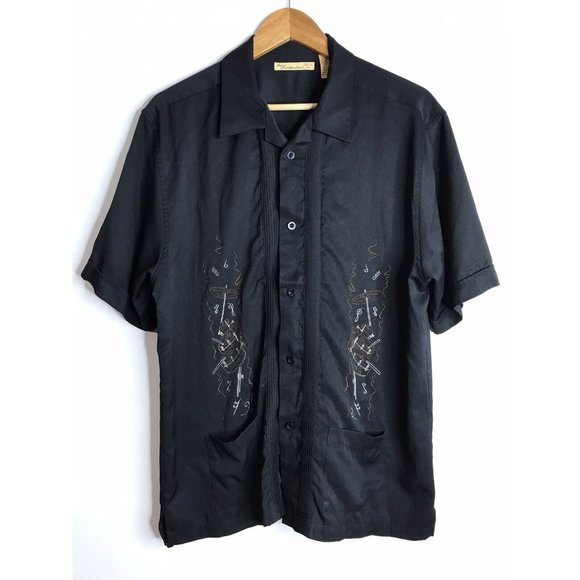 The Havanera Co. Embroidered Drums Men's Large Short Sleeve Black Button Shirt - Picture 1 of 7